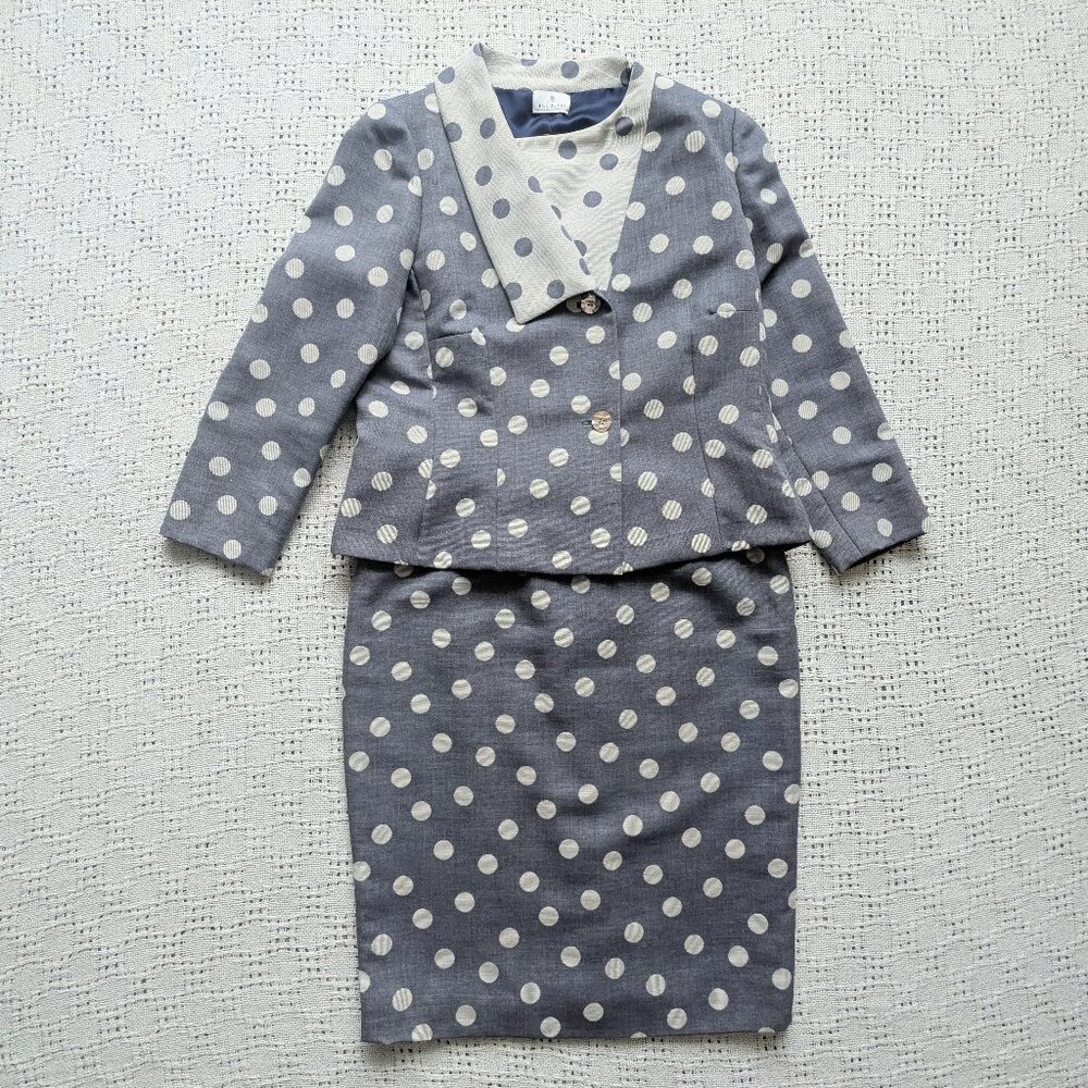 VTG Bill Blass Ladies 2 Piece Skirt Suit Polka dot Sz 14 Made in USA Union Label